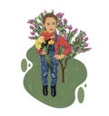 Girl in denim overalls, red sweater with a bouquet of spring flowers in her hands against the background of a lawn with a lilac bu Royalty Free Stock Photo